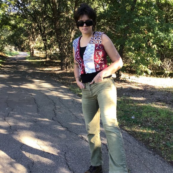 Vintage womens sweater vest M knit patchwork mix pattern button v-neck 80s 90s - Picture 5 of 13